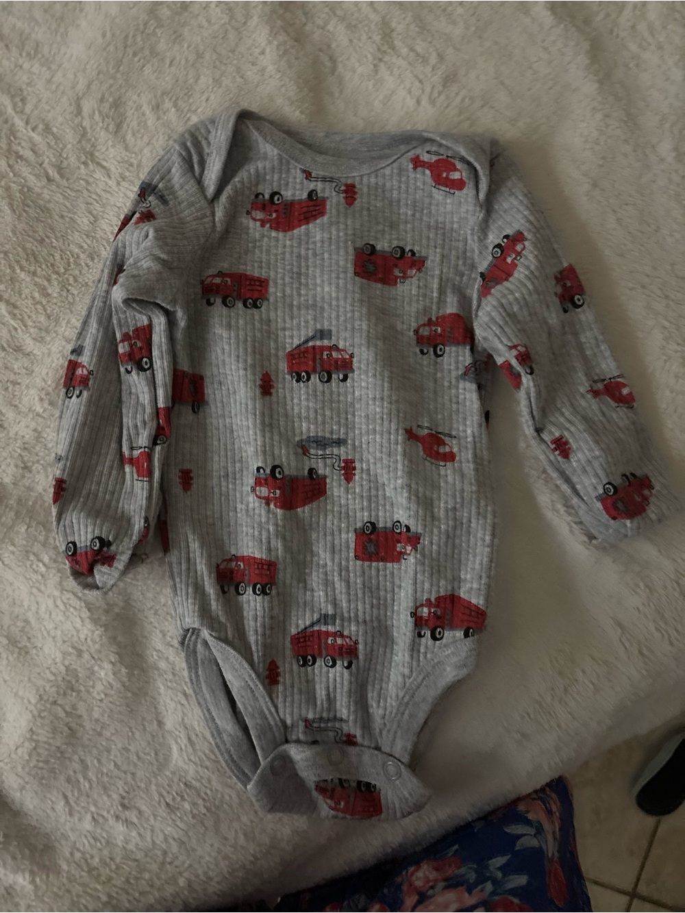 Gray and Red Fire Truck Print Baby One-Piece